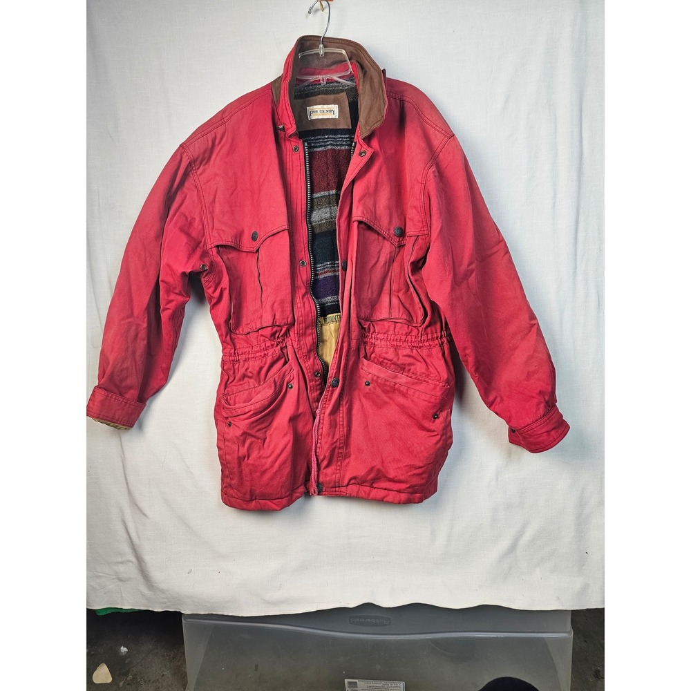 Free Country Red Canvas Field Jacket Mens XL Striped Lining Corduroy Trim Parka